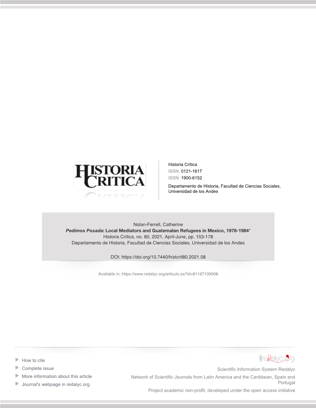 Local Mediators and Guatemalan Refugees in Mexico, 1978-1984* Historia Crítica, No