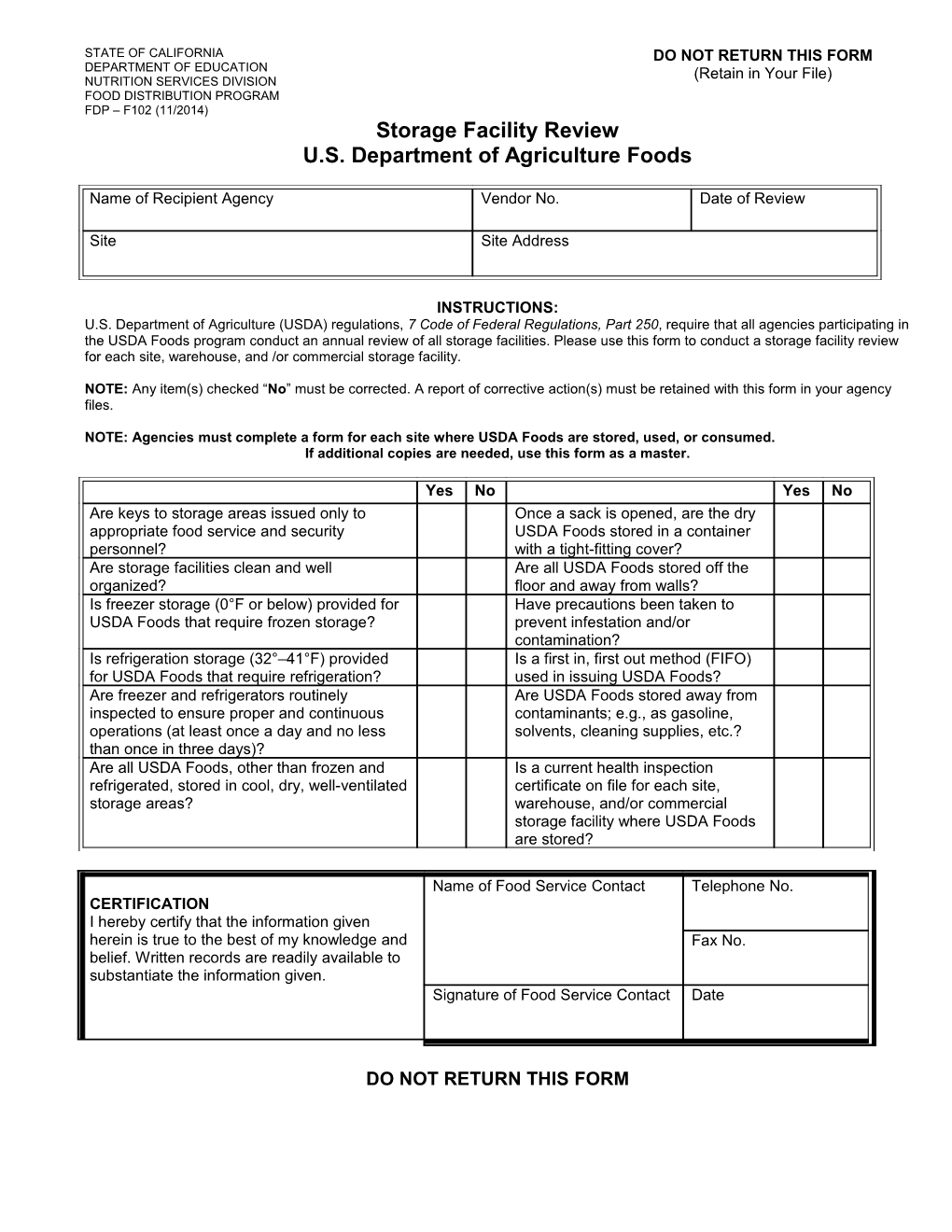 Storage Facility Review Form - Food Distribution (CA Dept of Education)