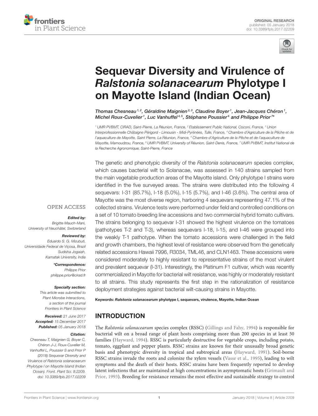 Sequevar Diversity and Virulence of Ralstonia Solanacearum Phylotype I on Mayotte Island (Indian Ocean)
