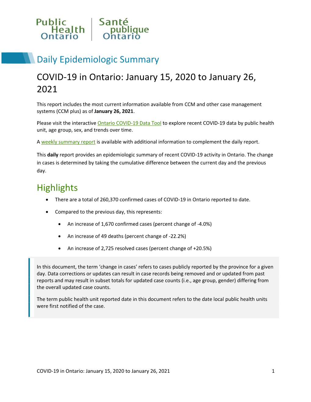 COVID-19 in Ontario: January 15, 2020 to January 26, 2021