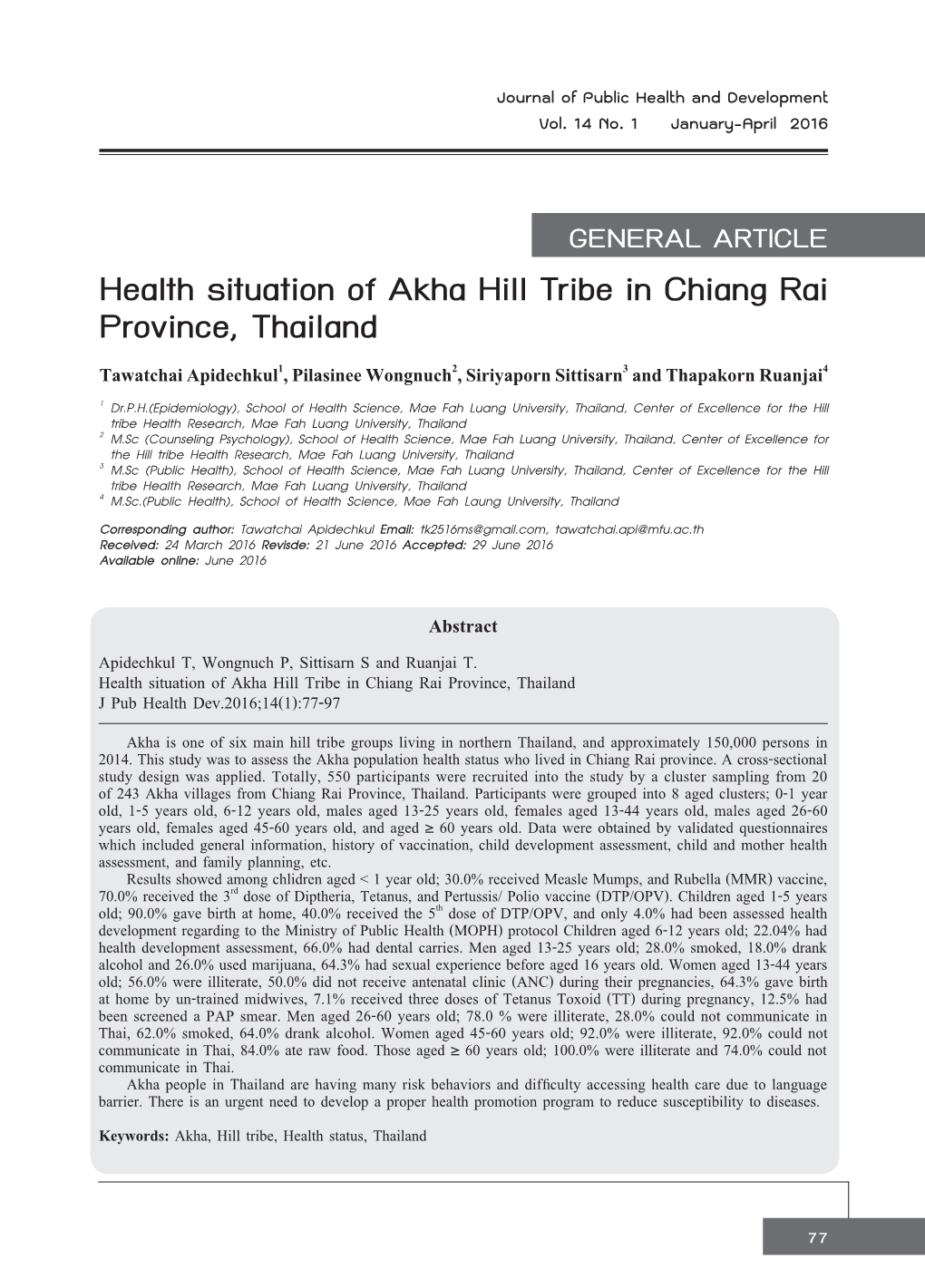 Health Situation of Akha Hill Tribe in Chiang Rai Province, Thailand