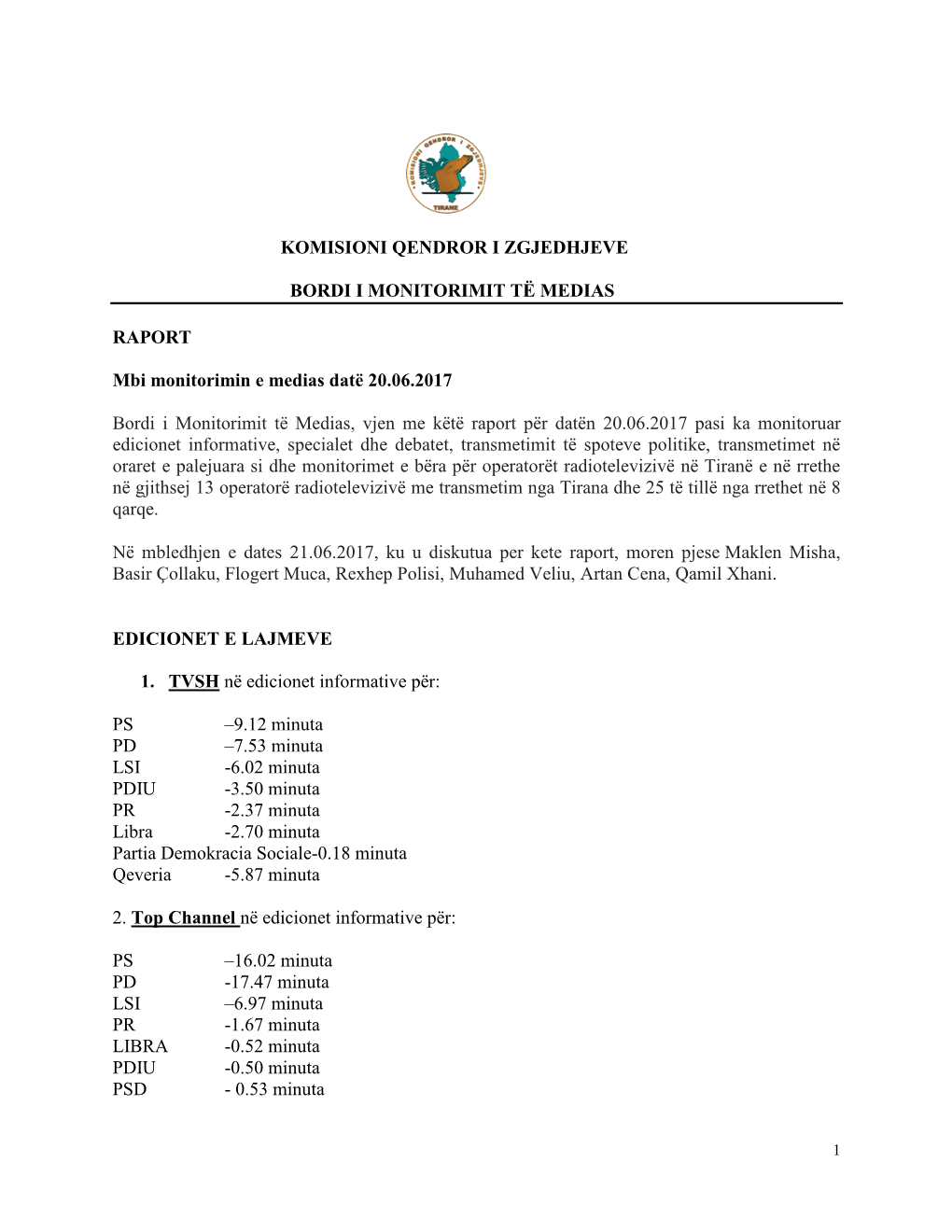 Mbi Monitorimin E Medias Datë 20.06.2017