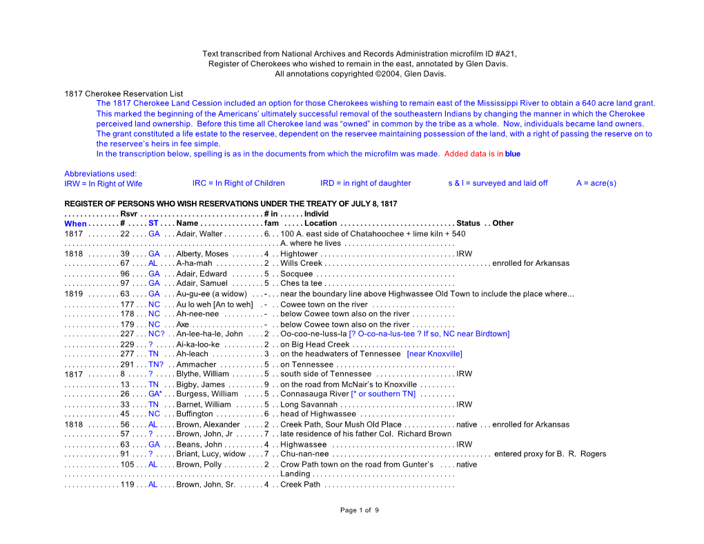 Postings\Smoot\1817 Cherokee Reservation Roll.Wpd