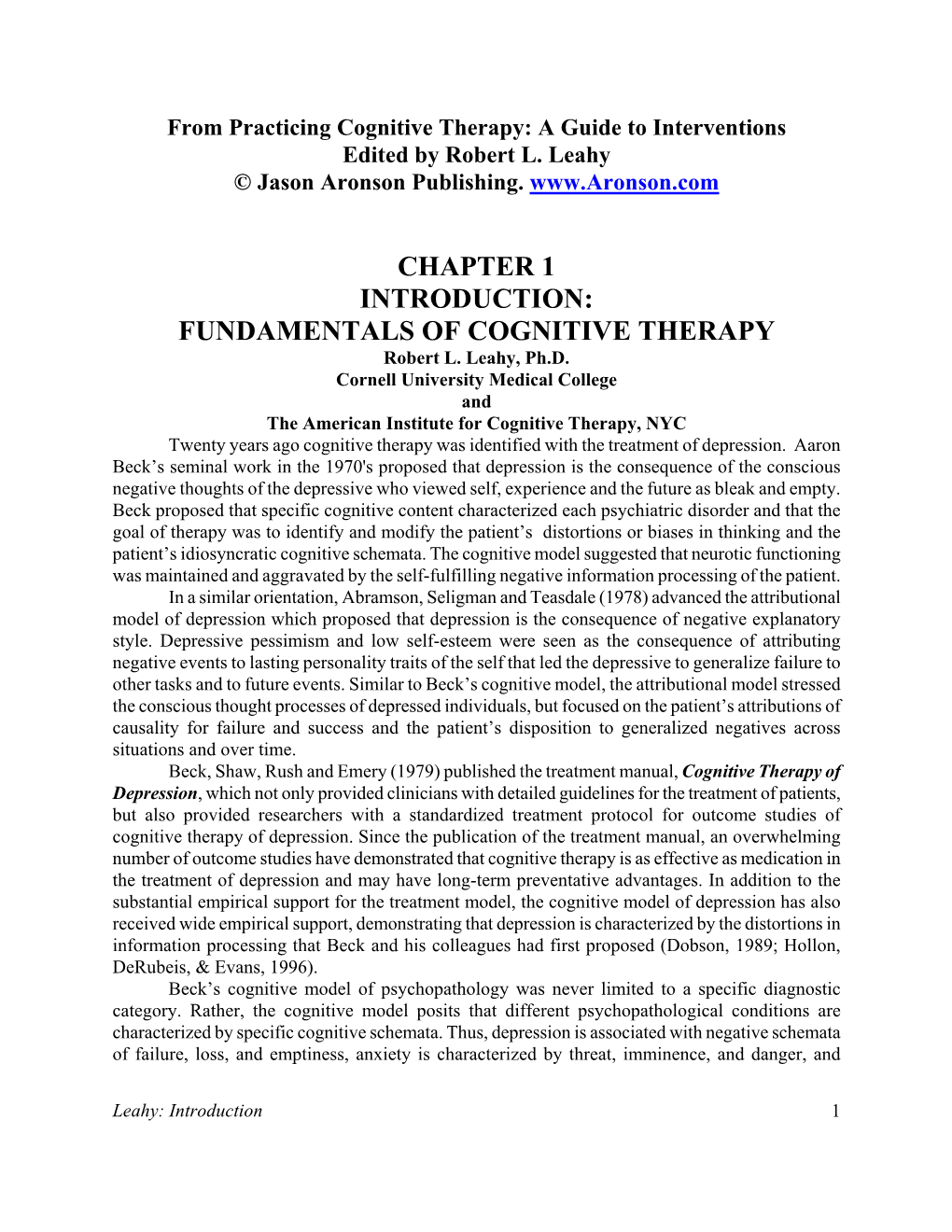 CHAPTER 1 INTRODUCTION: FUNDAMENTALS of COGNITIVE THERAPY Robert L