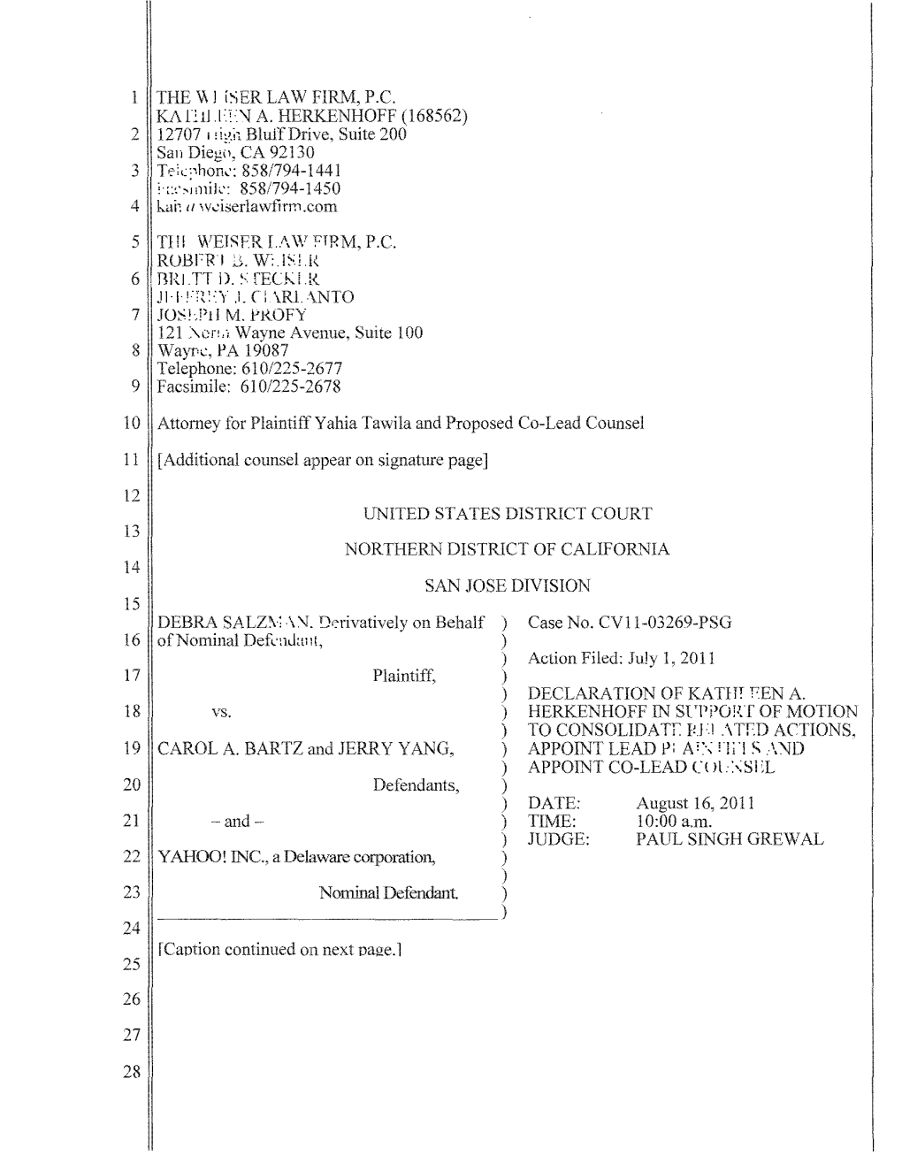 Vince Bonato, Et Al. V. Yahoo! Inc., Et Al. 11-CV-02732-Declaration Of