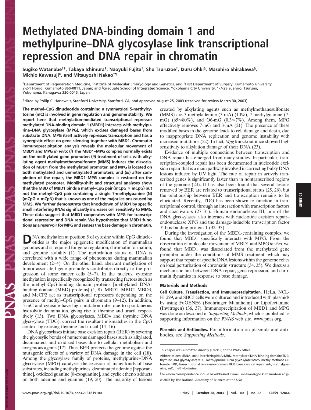 Methylated DNA-Binding Domain 1 and Methylpurine–DNA Glycosylase Link Transcriptional Repression and DNA Repair in Chromatin