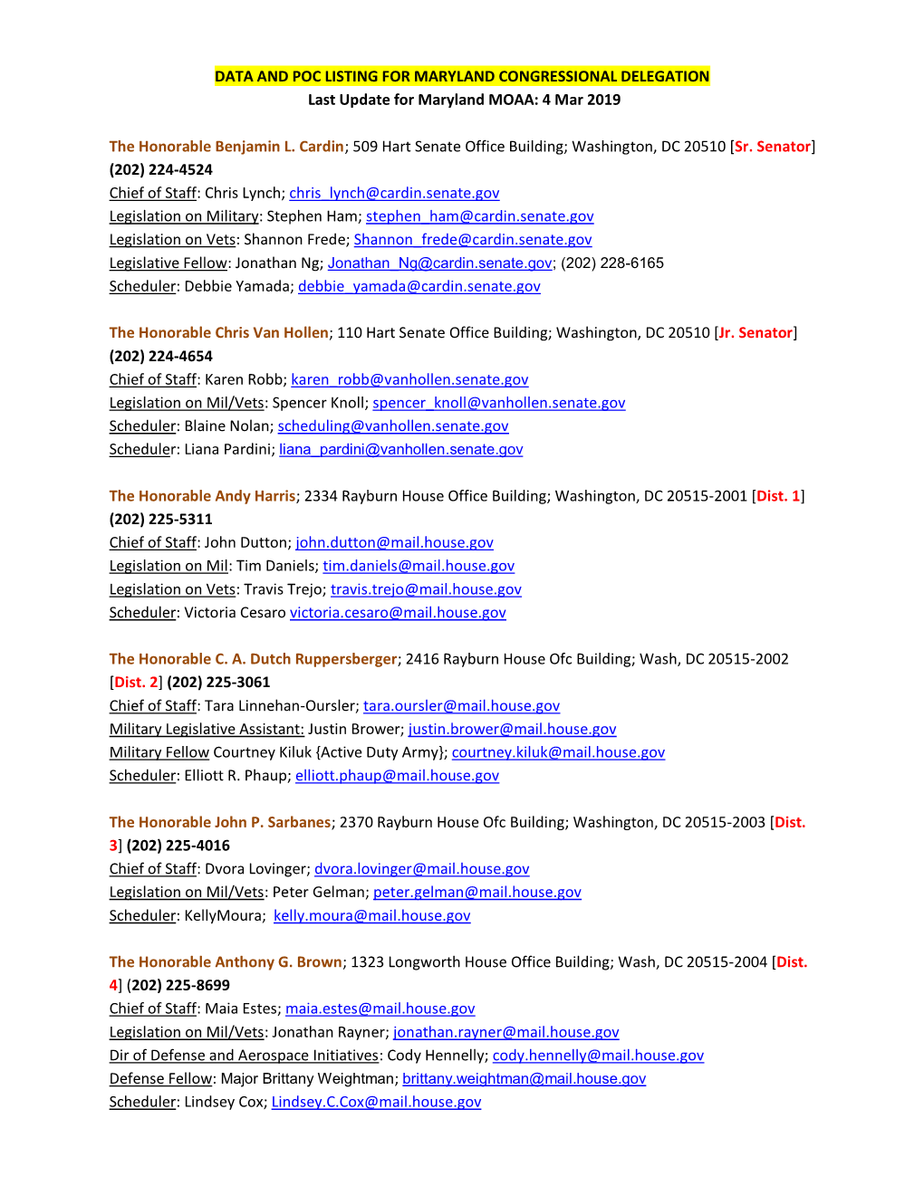 DATA and POC LISTING for MARYLAND CONGRESSIONAL DELEGATION Last Update for Maryland MOAA: 4 Mar 2019