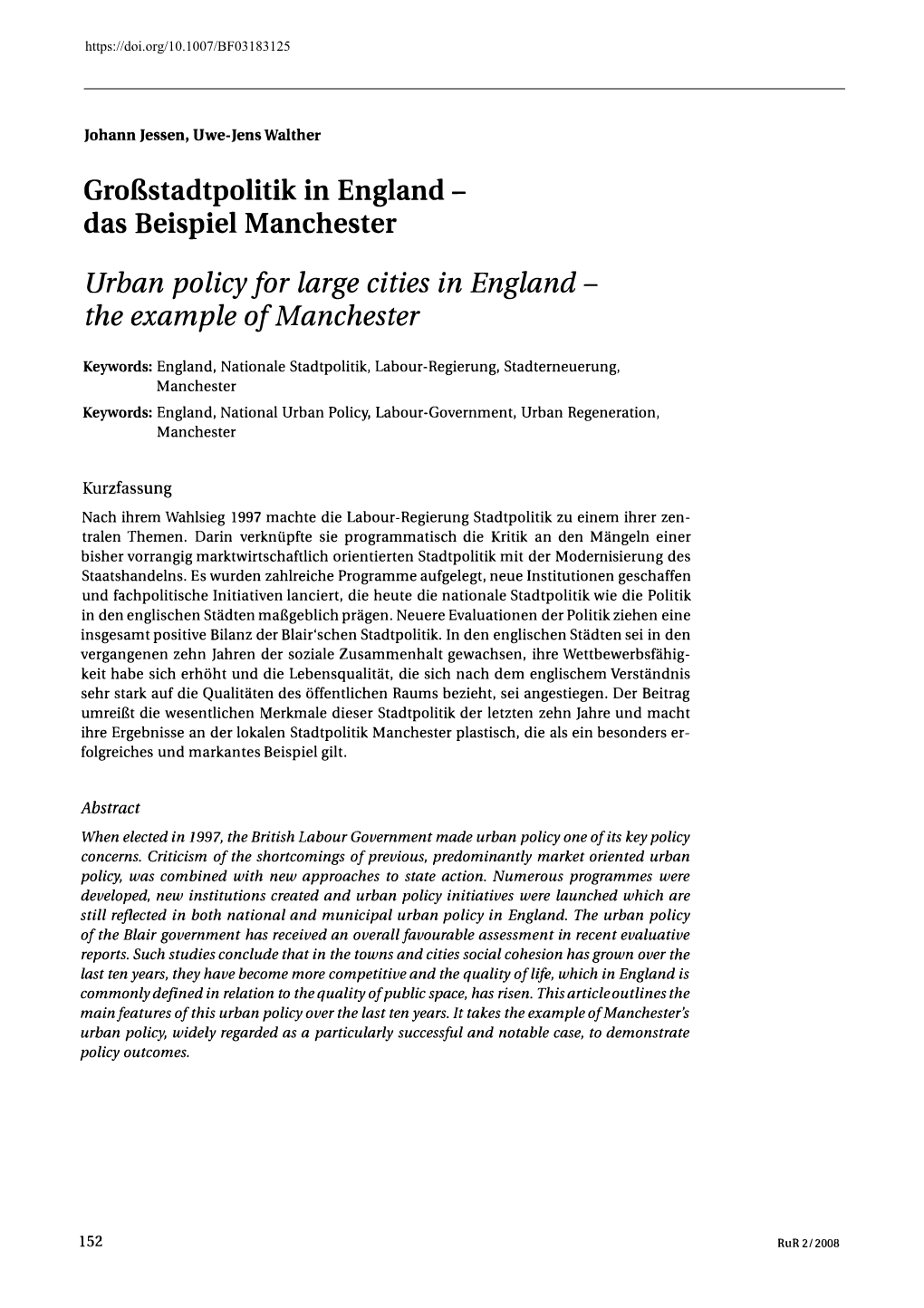 Stadtpolitik in England &#X2014; Das Beispiel Manchester