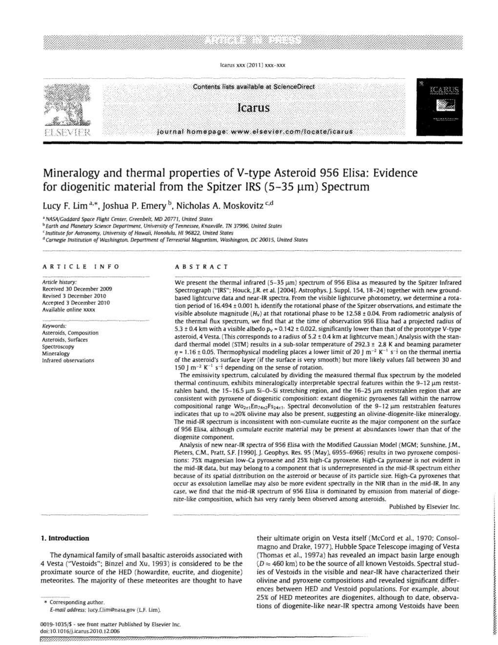 Mineralogy and Thermal Properties of V-Type Asteroid 956 Elisa: Evidence for Diogenitic Material from the Spitzer IRS (5-35 Jim) Spectrum