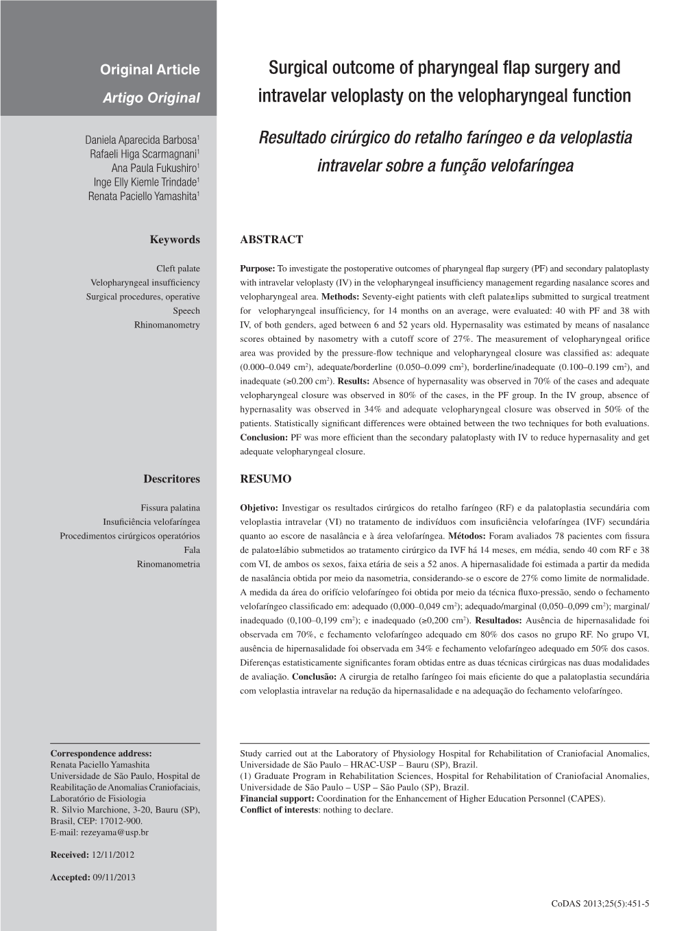 Surgical Outcome of Pharyngeal Flap Surgery and Intravelar Veloplasty On