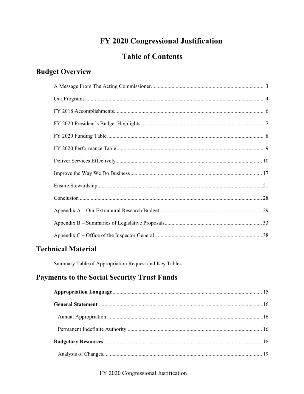 FY 2020 Congressional Justification Table of Contents