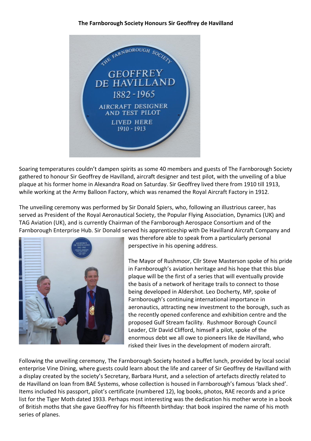 Honouring Sir Geoffrey De Havilland