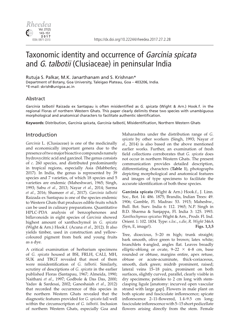 Taxonomic Identity and Occurrence of Garcinia Spicata and G. Talbotii (Clusiaceae) in Peninsular India