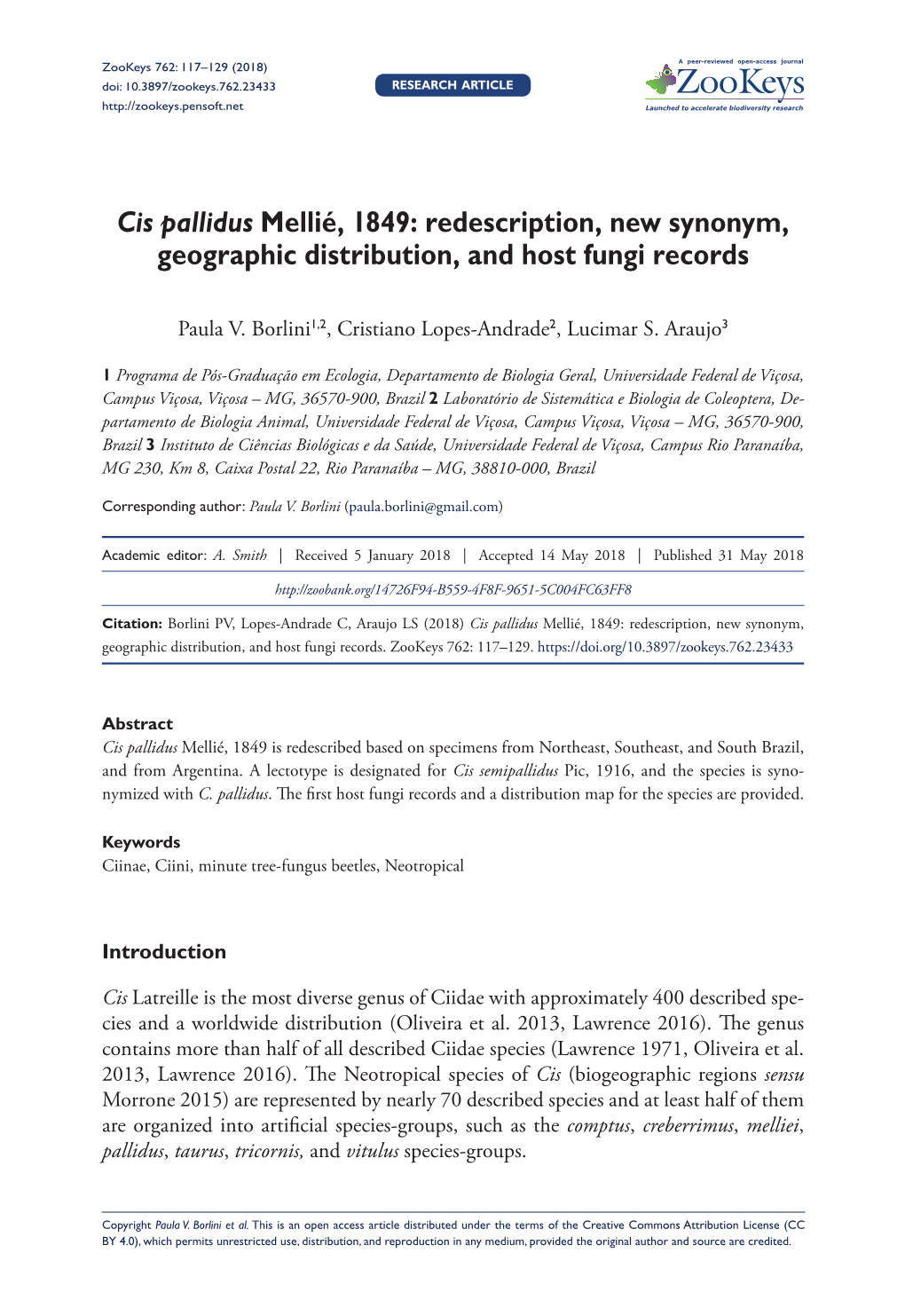 Cis Pallidus Mellié, 1849: Redescription, New Synonym, Geographic Distribution, and Host Fungi Records