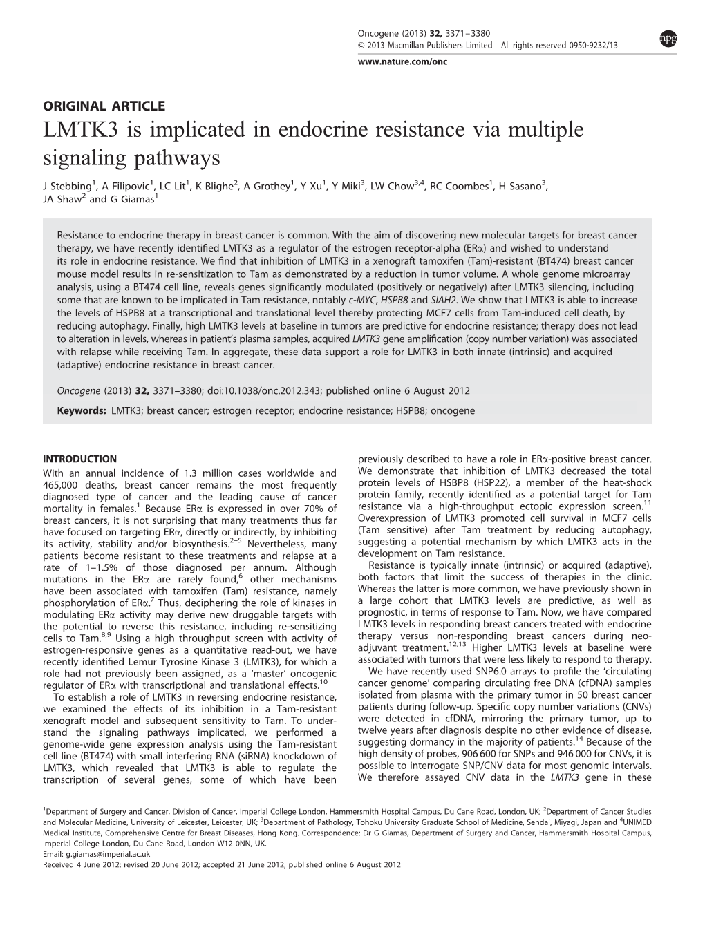 LMTK3 Is Implicated in Endocrine Resistance Via Multiple Signaling Pathways