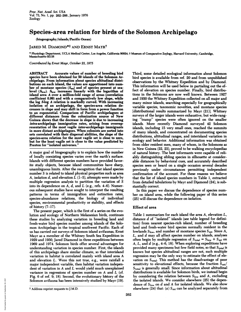 Species-Area Relation for Birds of the Solomon Archipelago (Biogeography/Islands/Pacific Ocean) JARED M