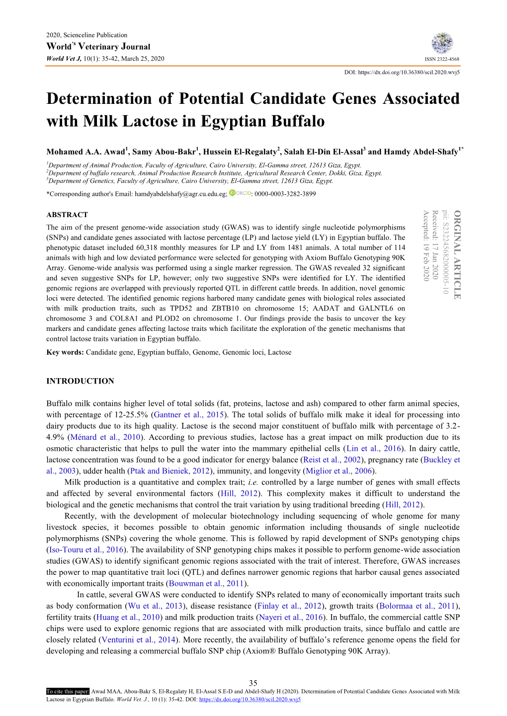 Determination of Potential Candidate Genes Associated with Milk Lactose in Egyptian Buffalo