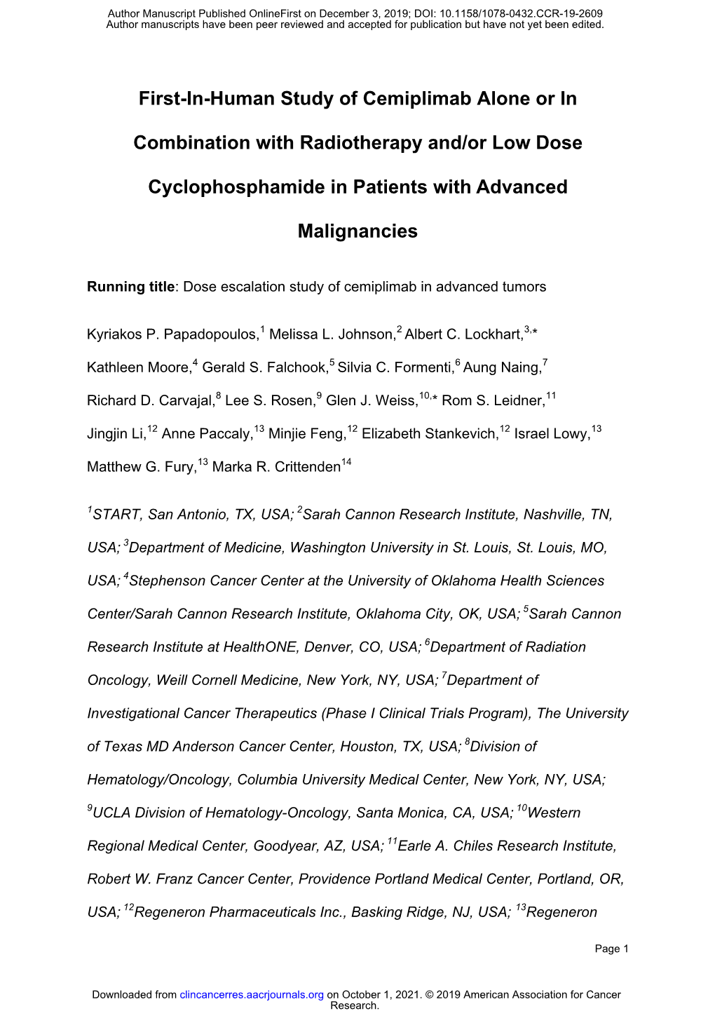 First-In-Human Study of Cemiplimab Alone Or in Combination with Radiotherapy And/Or Low Dose Cyclophosphamide in Patients with Advanced Malignancies