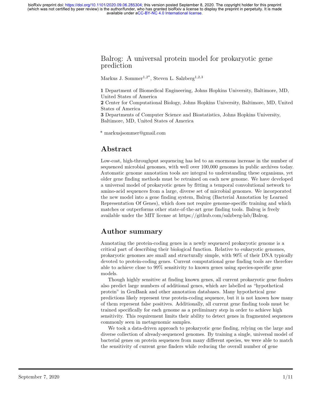 Balrog: a Universal Protein Model for Prokaryotic Gene Prediction