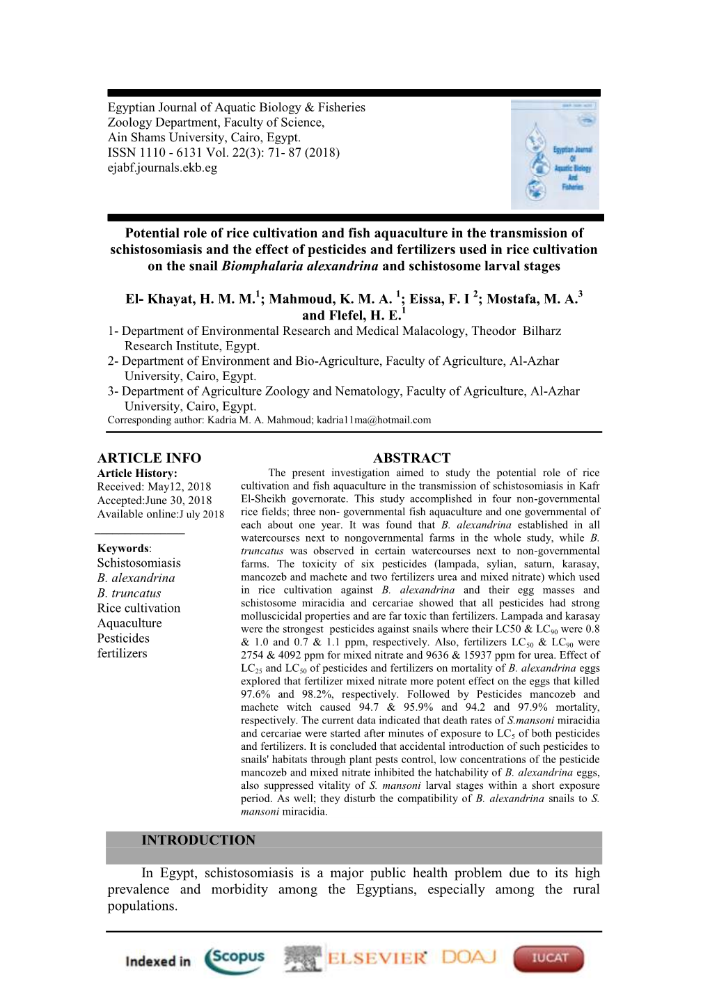 Potential Role of Rice Cultivation and Fish Aquaculture in the Transmission