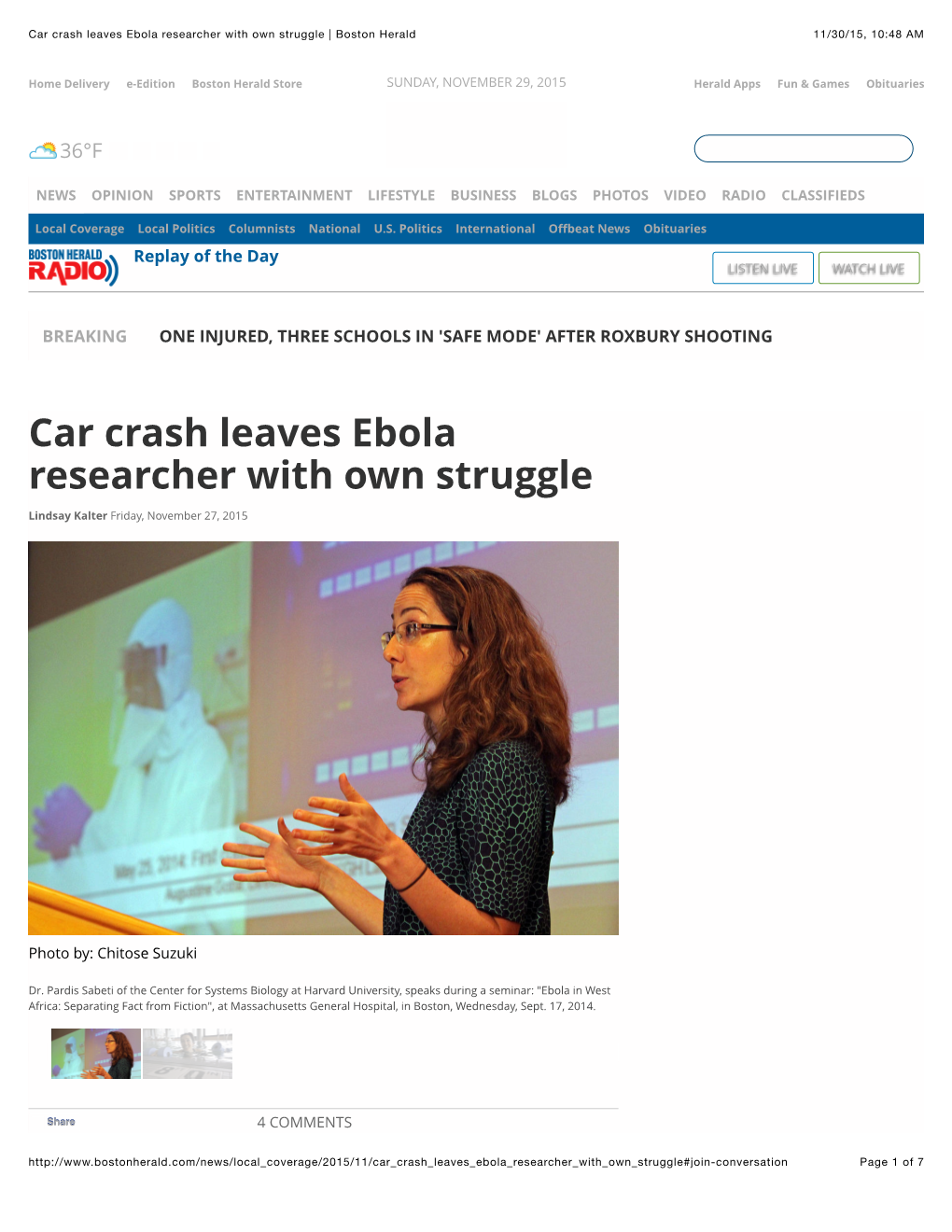 Car Crash Leaves Ebola Researcher with Own Struggle | Boston Herald 11/30/15, 10:48 AM