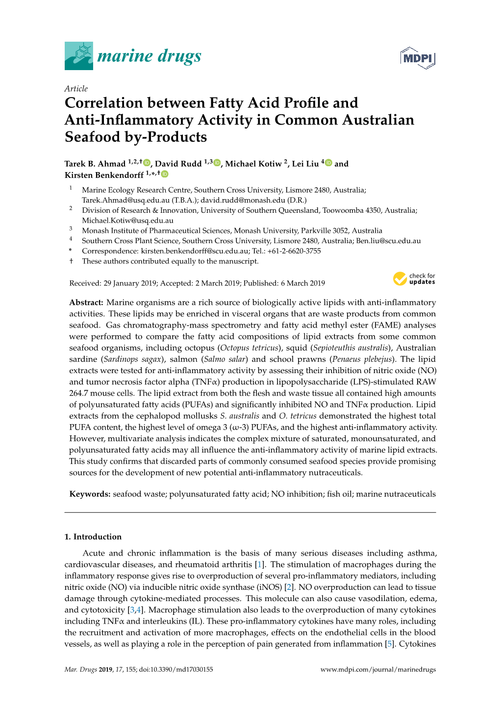 Correlation Between Fatty Acid Profile and Anti-Inflammatory Activity in Common Australian Seafood By-Products