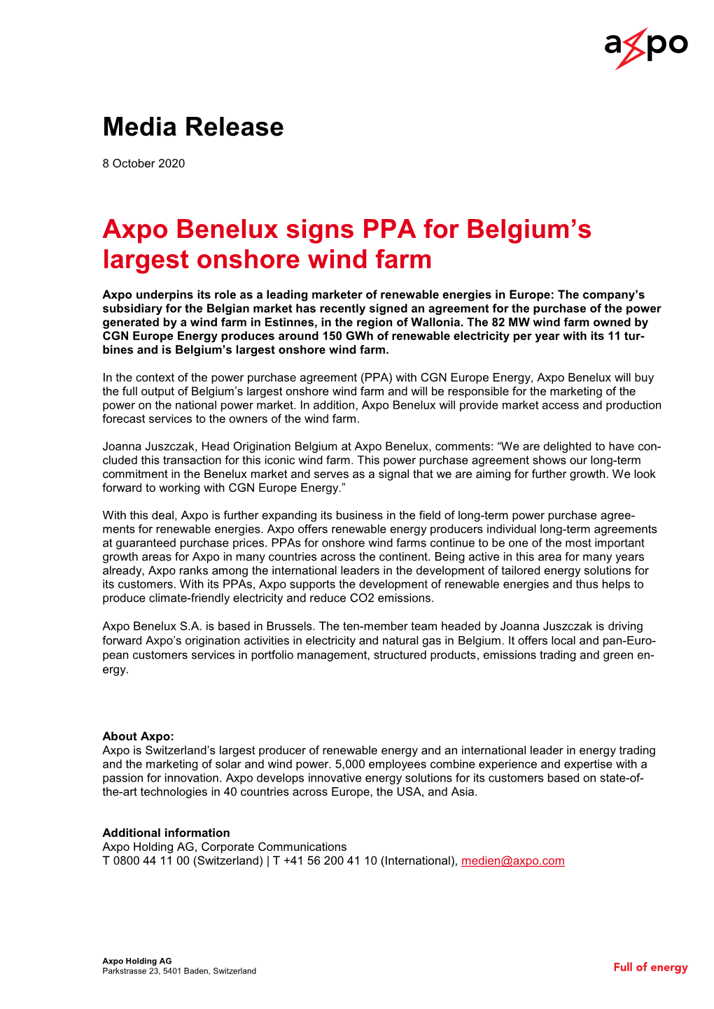 Media Release Axpo Benelux Signs PPA for Belgium's Largest Onshore