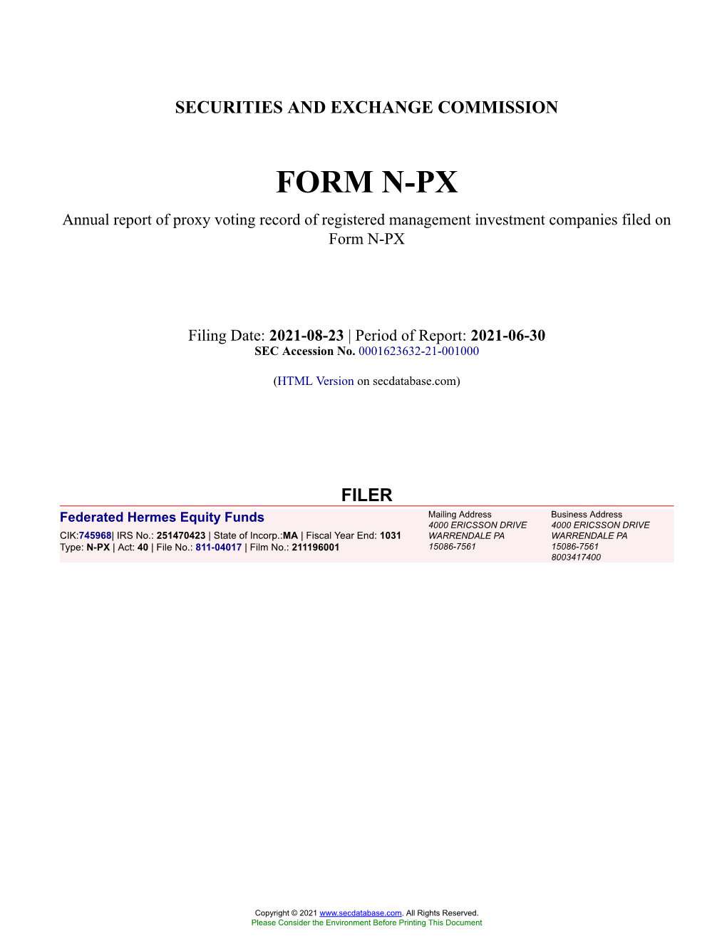 Federated Hermes Equity Funds Form N-PX Filed 2021-08-23