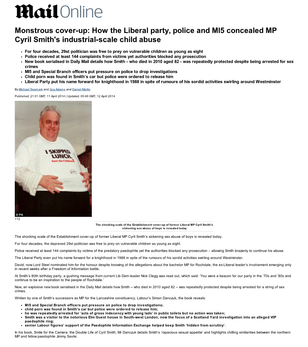 How the Liberal Party, Police and MI5 Concealed MP Cyril Smith's Industrial-Scale Child Abuse