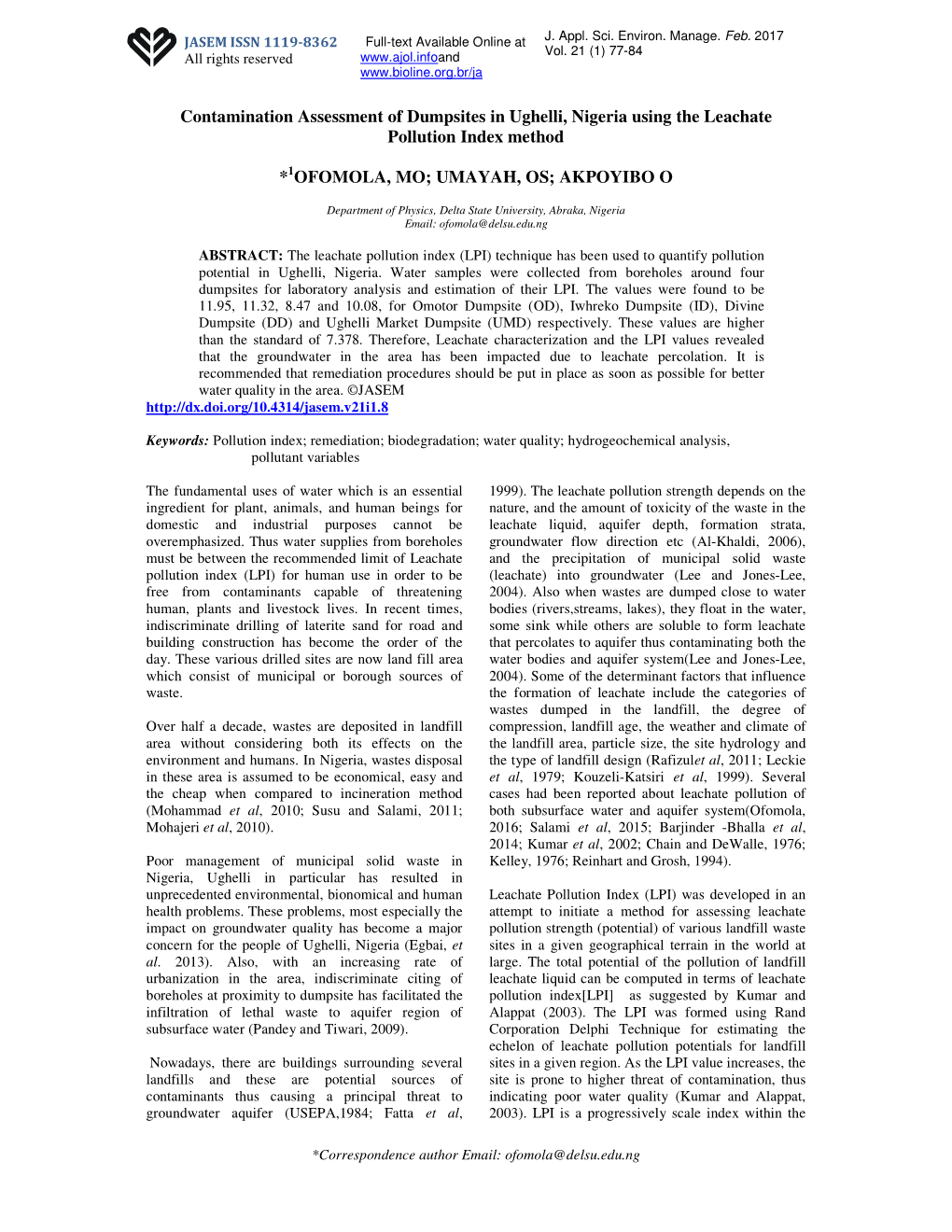 Contamination Assessment of Dumpsites in Ughelli, Nigeria Using the Leachate Pollution Index Method