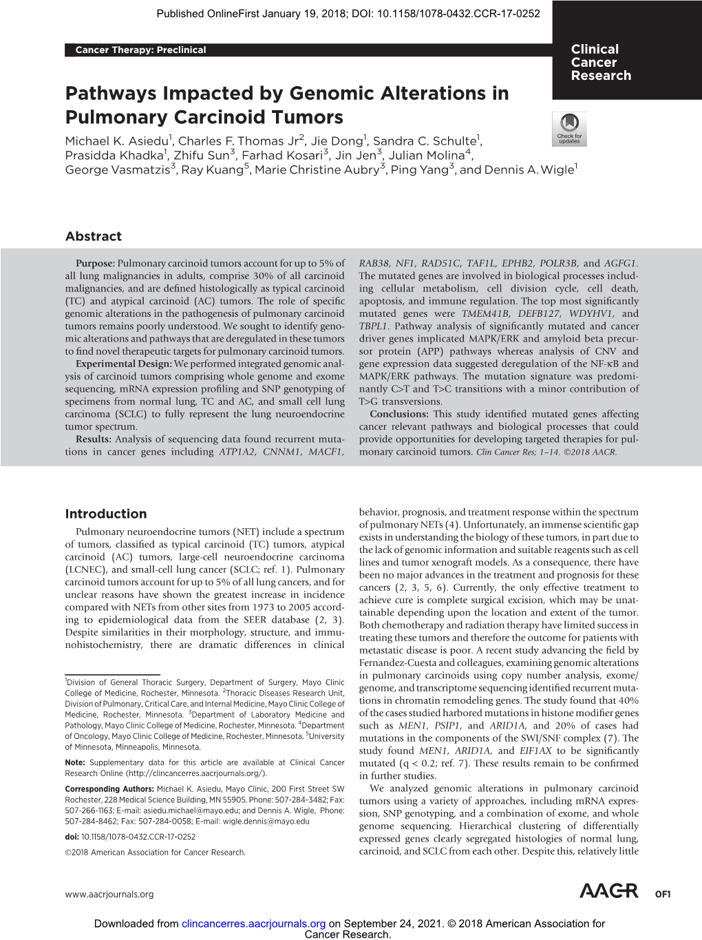 Pathways Impacted by Genomic Alterations in Pulmonary Carcinoid Tumors Michael K