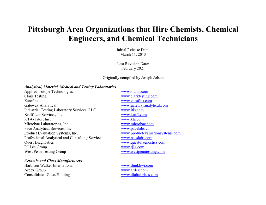 Pittsburgh Area Organizations That Hire Chemists, Chemical Engineers, and Chemical Technicians