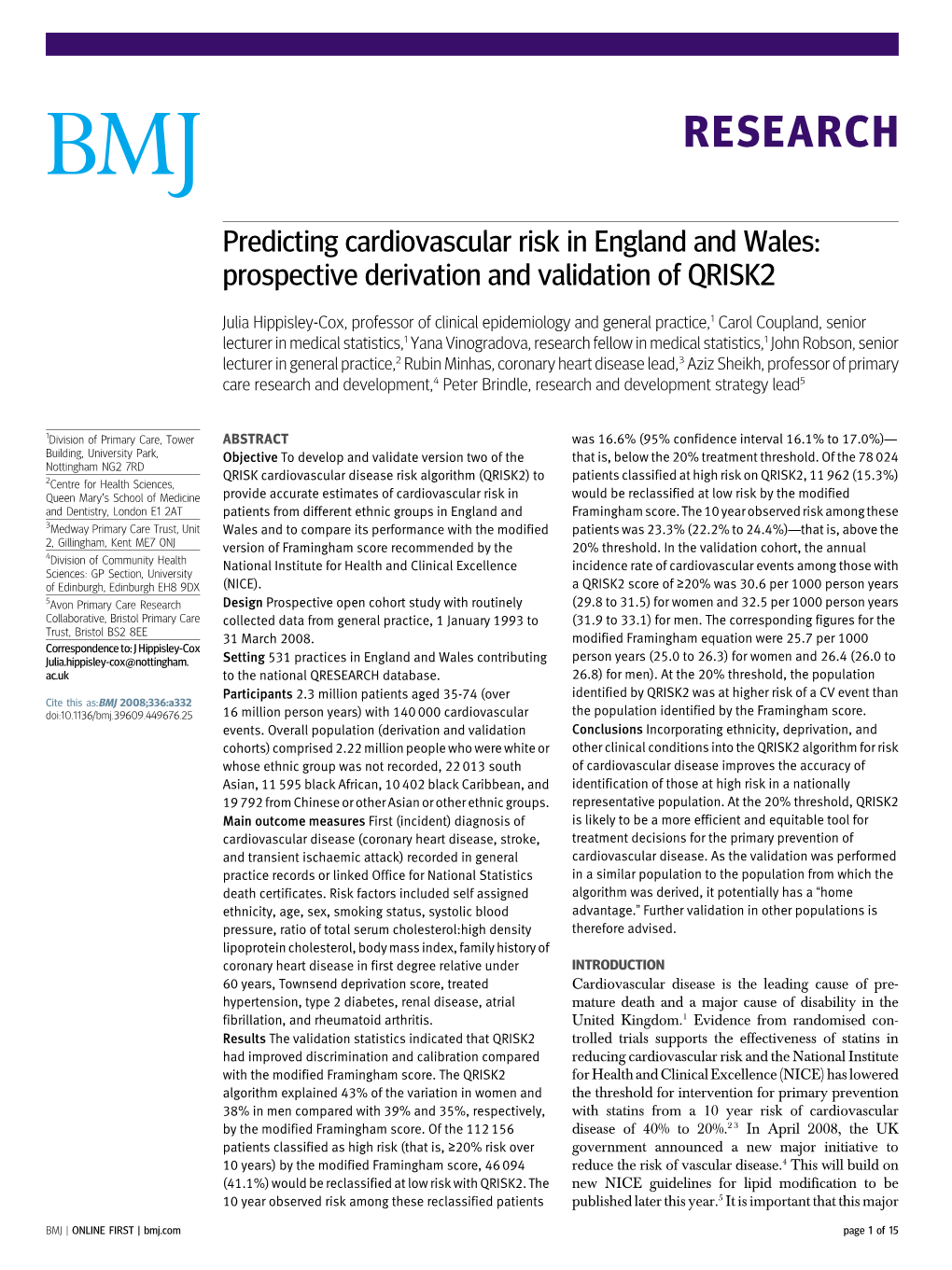 BMJ 2008;336:A332 Doi:10.1136/Bmj.39609.449676.25 16 Million Person Years) with 140 000 Cardiovascular the Population Identified by the Framingham Score