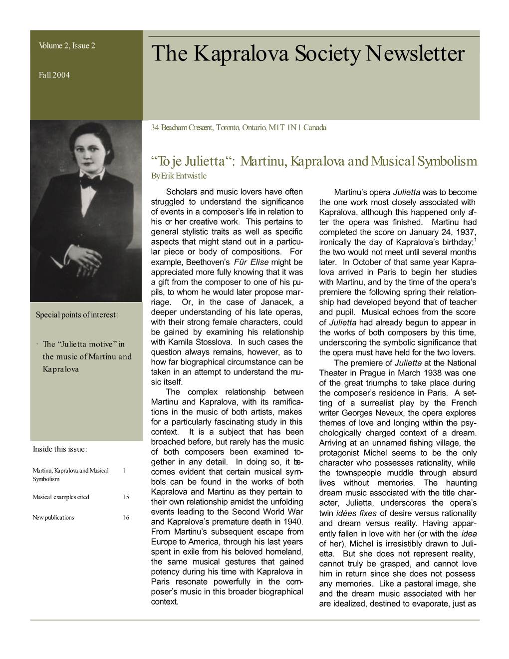 The Kapralova Society Newsletter Fall 2004