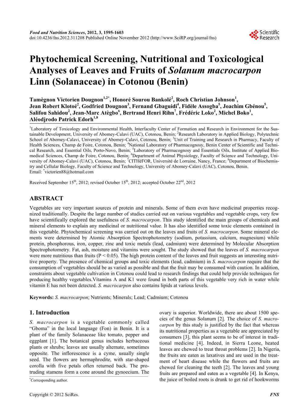 Phytochemical Screening, Nutritional and Toxicological Analyses of Leaves and Fruits of Solanum Macrocarpon Linn (Solanaceae) in Cotonou (Benin)