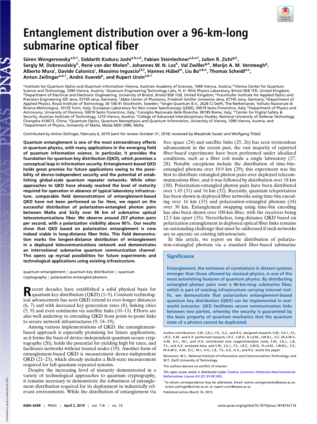 Entanglement Distribution Over a 96-Km-Long Submarine Optical Fiber