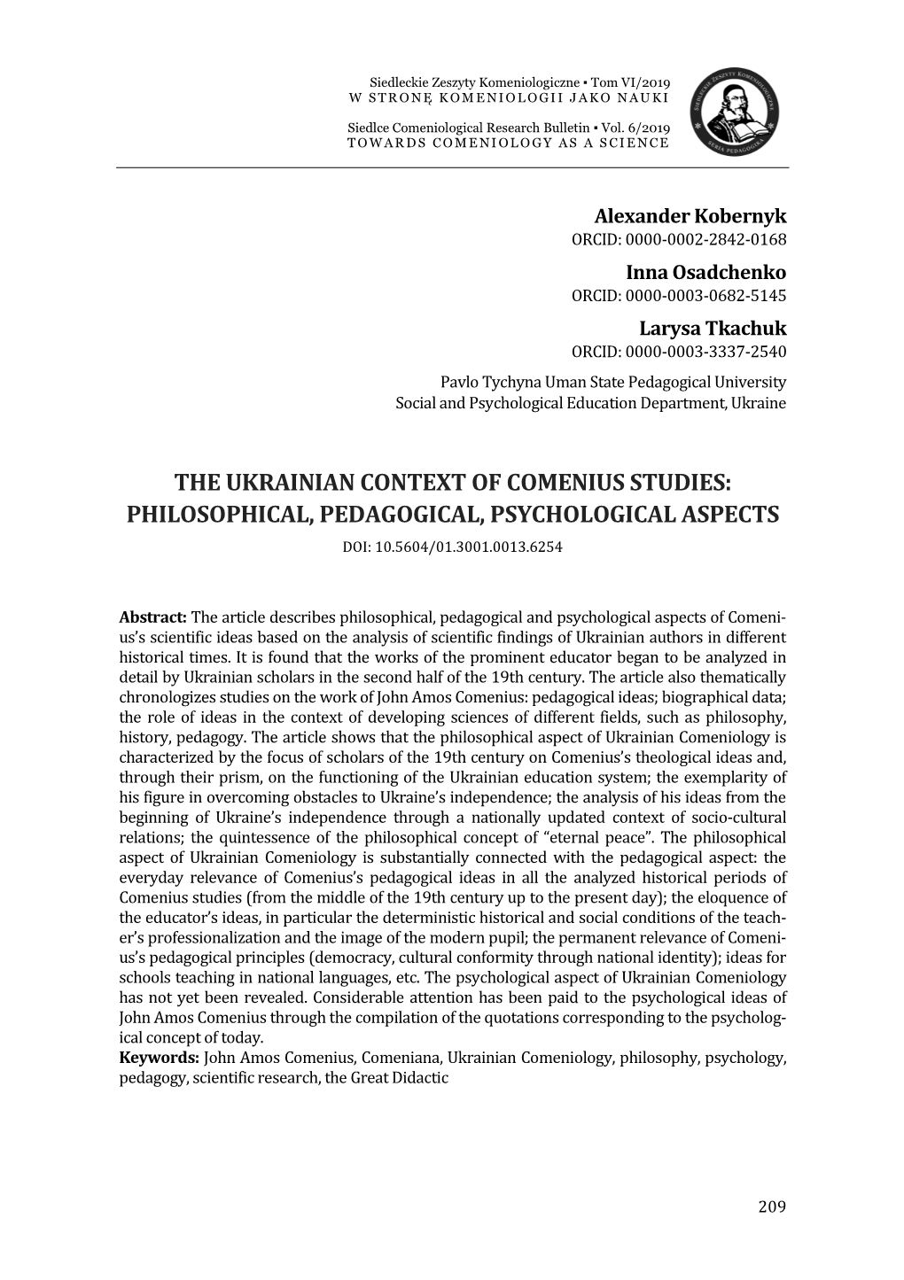 The Ukrainian Context of Comenius Studies: Philosophical, Pedagogical, Psychological Aspects