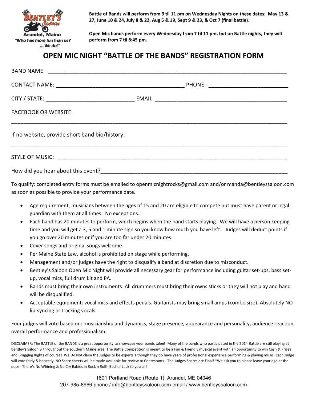 Open Mic Night “Battle of the Bands” Registration Form