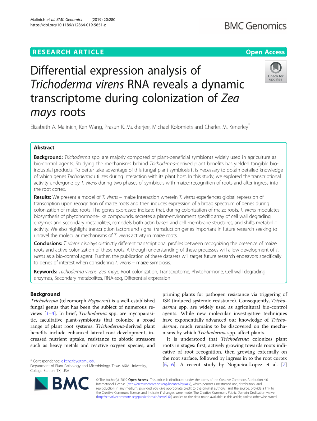 Differential Expression Analysis of Trichoderma Virens RNA Reveals a Dynamic Transcriptome During Colonization of Zea Mays Roots Elizabeth A
