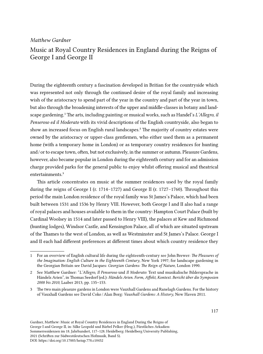 Music at Royal Country Residences in England During the Reigns of George I and George II