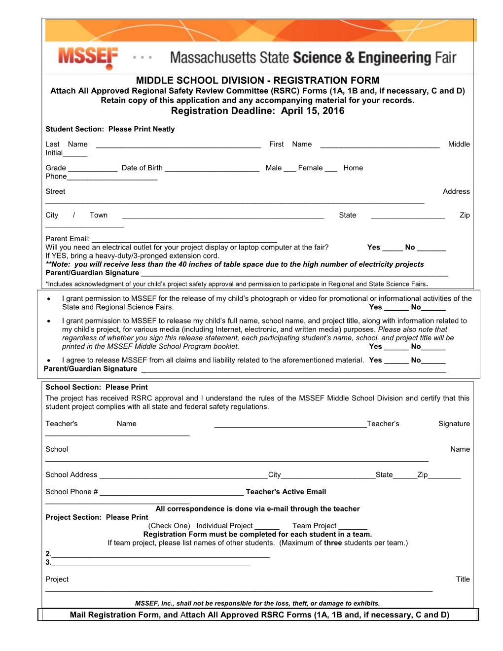 Middle School Division - Registration Form