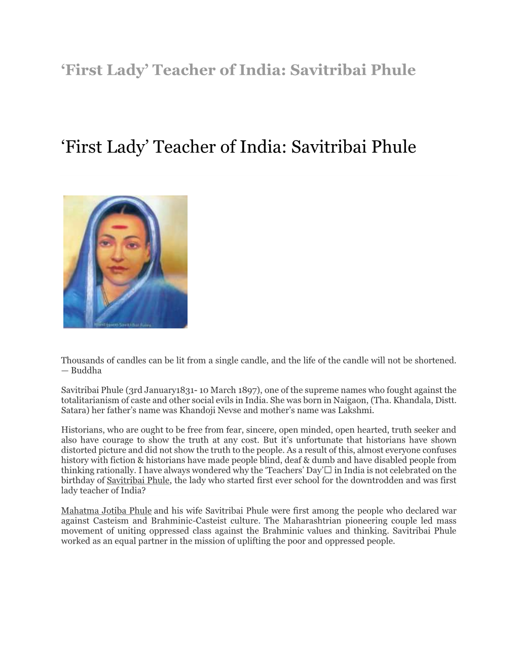 'First Lady' Teacher of India: Savitribai Phule