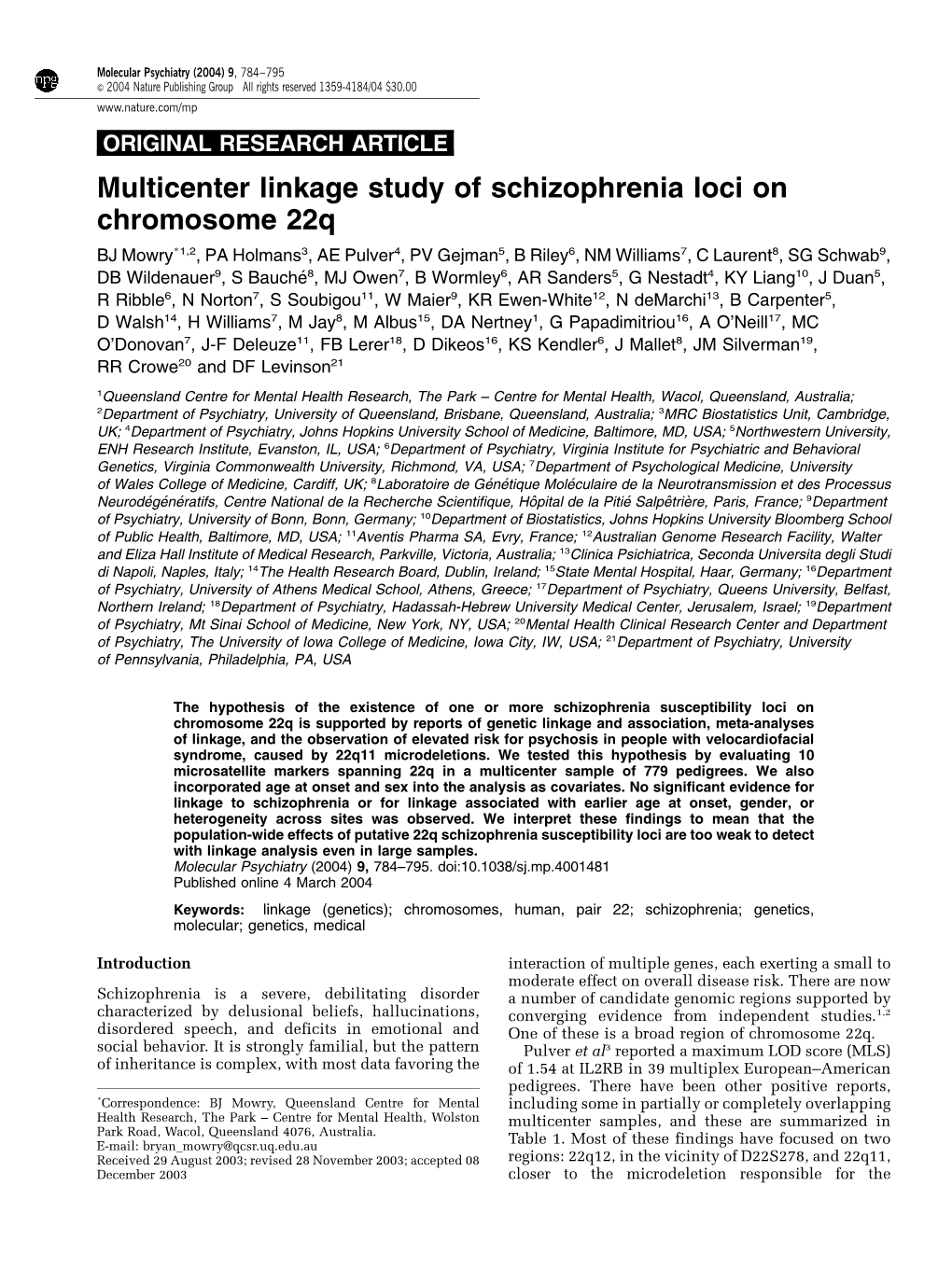 Multicenter Linkage Study of Schizophrenia Loci on Chromosome