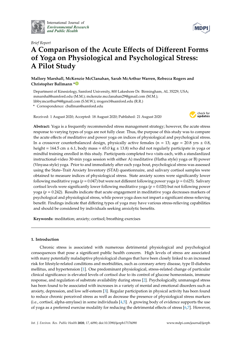 A Comparison of the Acute Effects of Different Forms of Yoga On