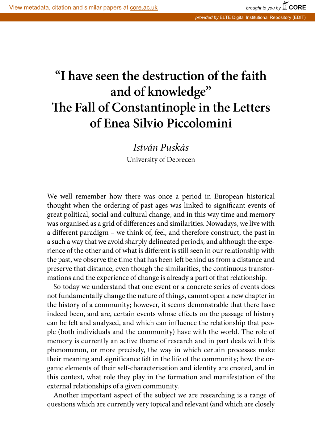 The Fall of Constantinople in the Letters of Enea Silvio Piccolo
