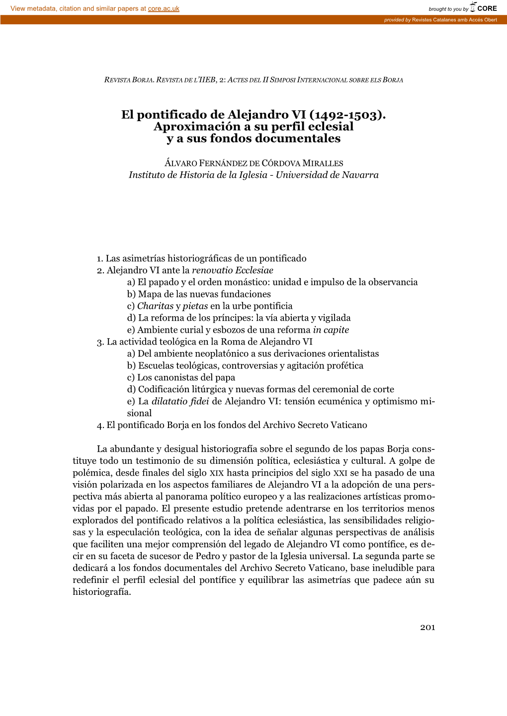 El Pontificado De Alejandro VI (1492-1503). Aproximación a Su Perfil Eclesial Y a Sus Fondos Documentales