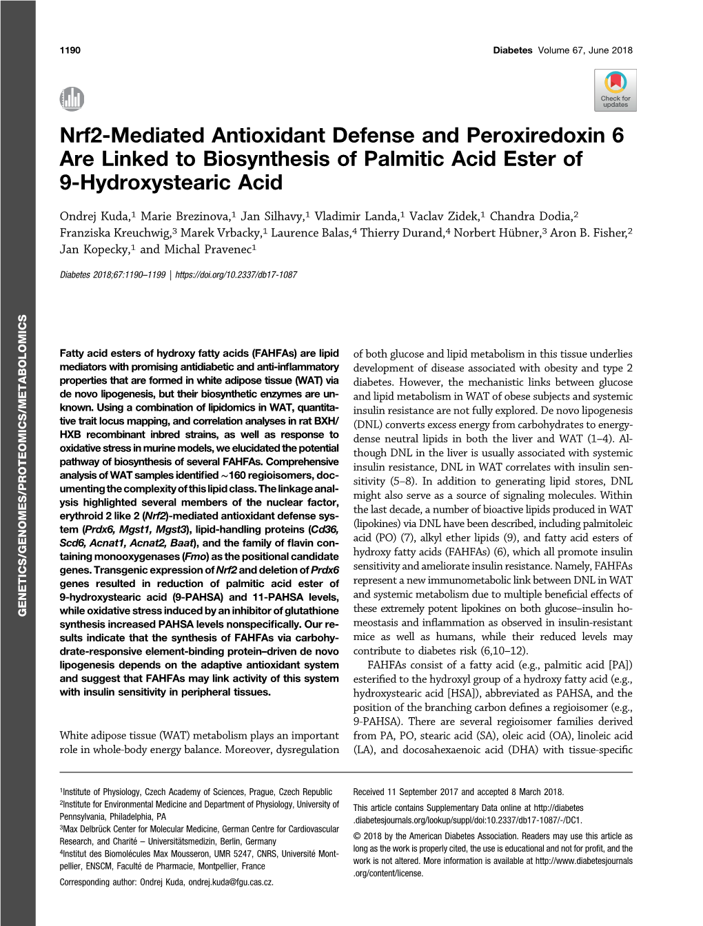 Nrf2-Mediated Antioxidant Defense and Peroxiredoxin 6 Are Linked to Biosynthesis of Palmitic Acid Ester of 9-Hydroxystearic Acid