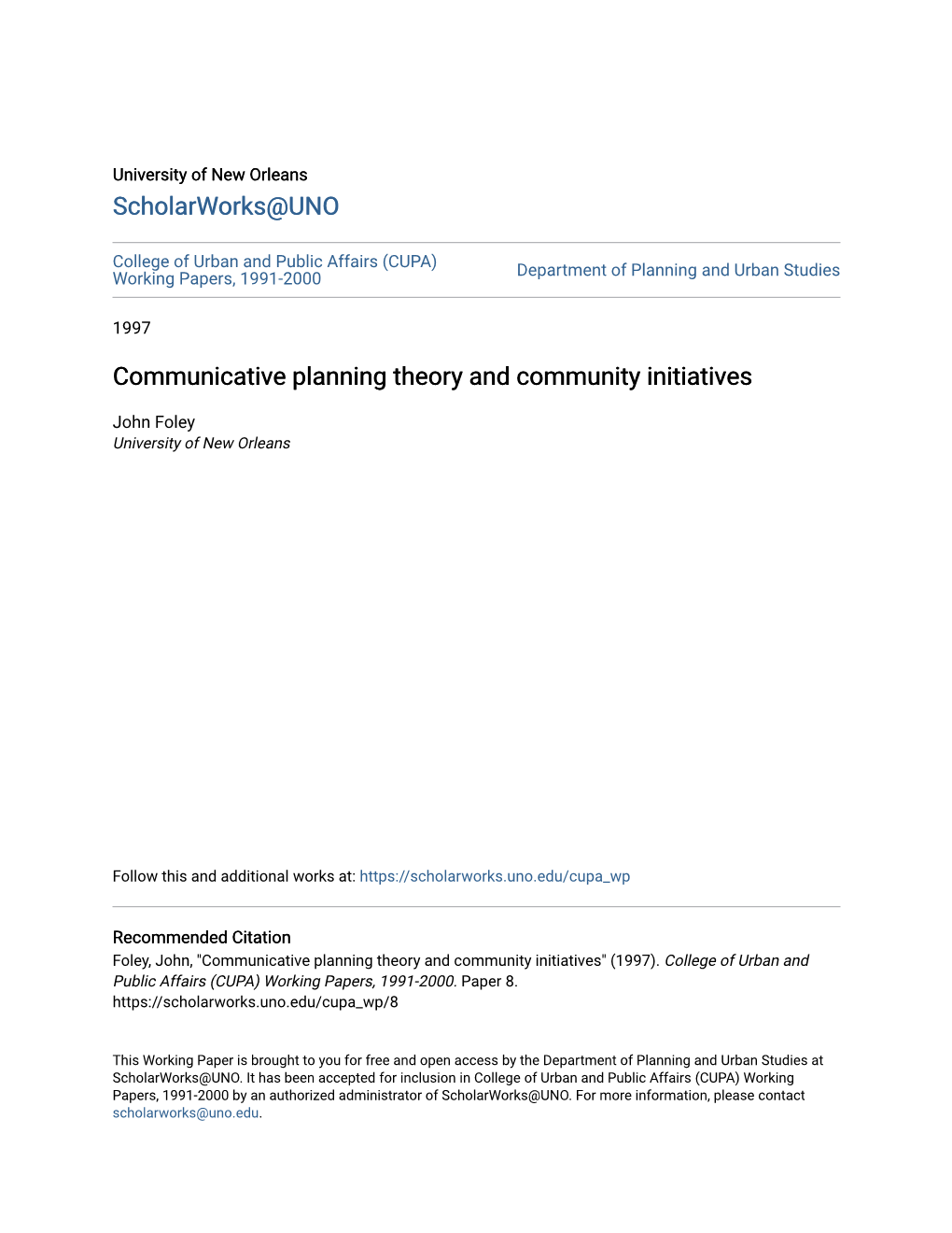 Communicative Planning Theory and Community Initiatives