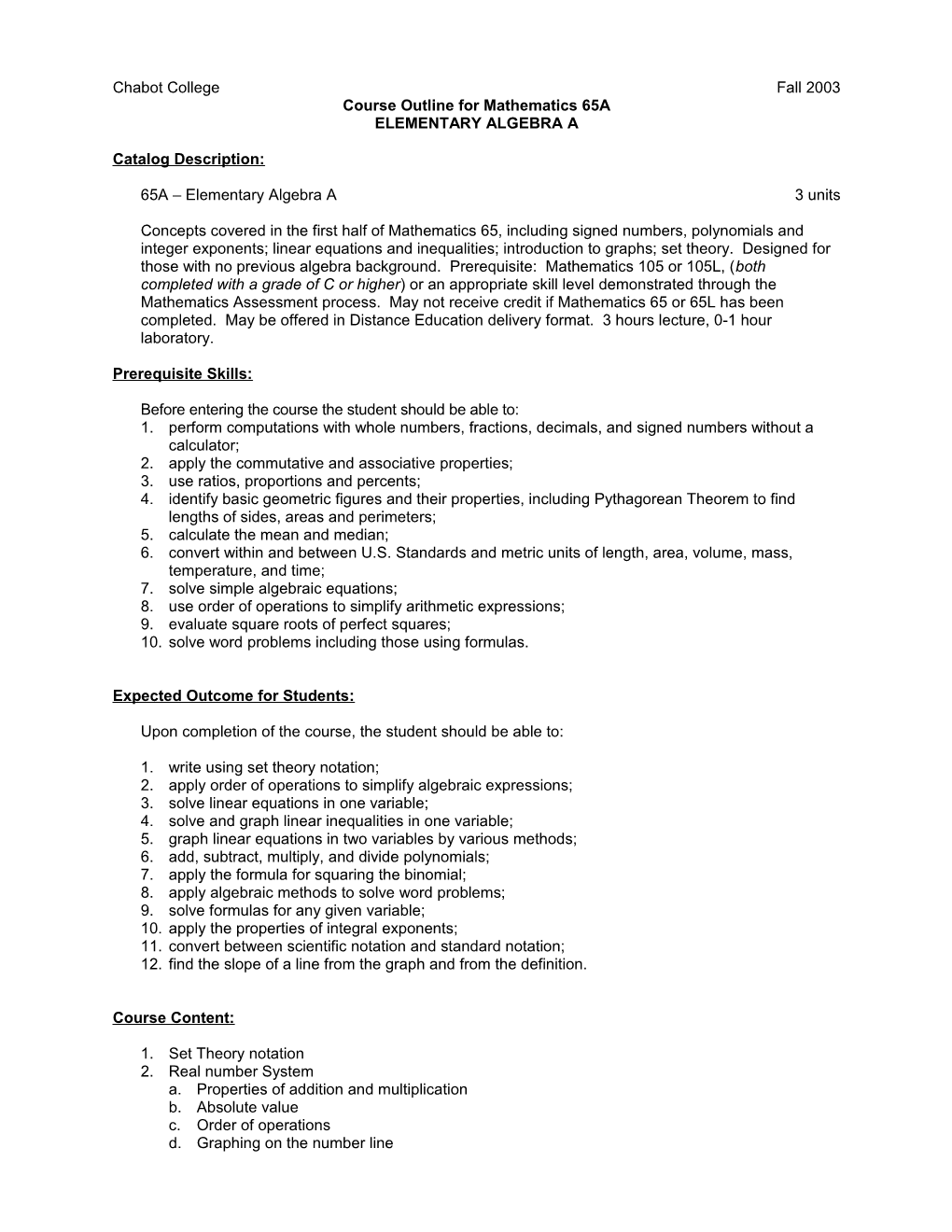 Course Outline for Mathematics 65A, Page 2