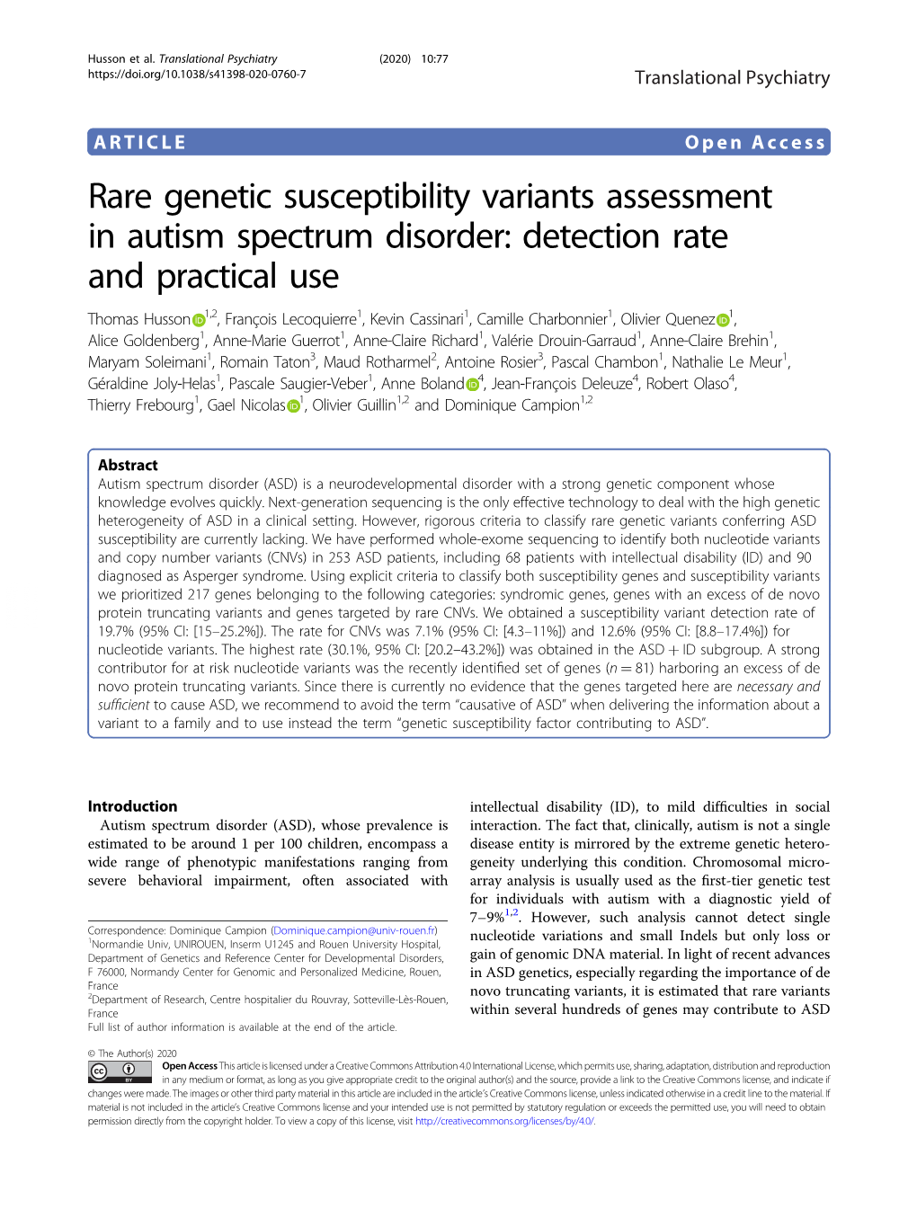 Rare Genetic Susceptibility Variants Assessment in Autism Spectrum